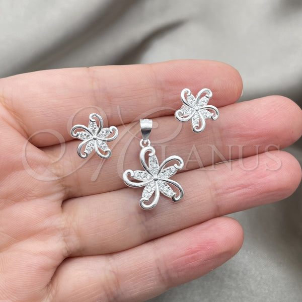 Juego de Arete y Dije de Adulto 10.398.0013 Plata Rodinada, Diseño de Flor, Pulido, Tono Plateado