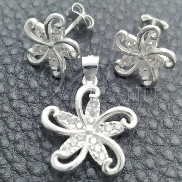 Juego de Arete y Dije de Adulto 10.398.0013 Plata Rodinada, Diseño de Flor, Pulido, Tono Plateado