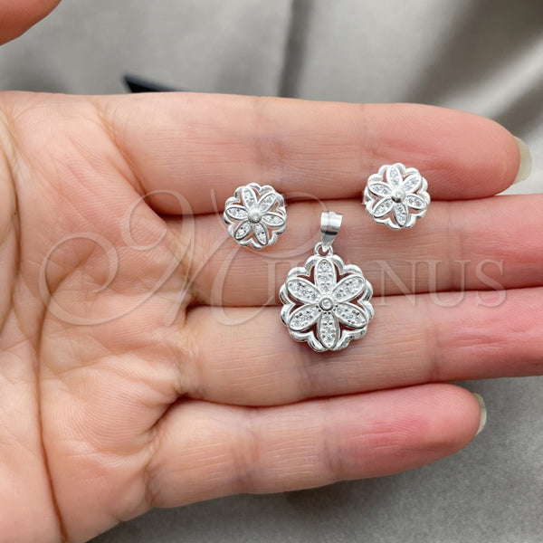 Juego de Arete y Dije de Adulto 10.398.0014 Plata Rodinada, Diseño de Flor, Pulido, Tono Plateado