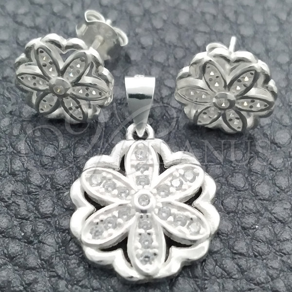Juego de Arete y Dije de Adulto 10.398.0014 Plata Rodinada, Diseño de Flor, Pulido, Tono Plateado
