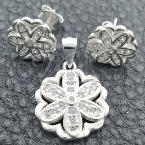 Juego de Arete y Dije de Adulto 10.398.0014 Plata Rodinada, Diseño de Flor, Pulido, Tono Plateado