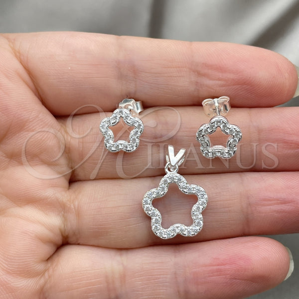 Juego de Arete y Dije de Adulto 10.398.0015 Plata Rodinada, Diseño de Flor, Pulido, Tono Plateado