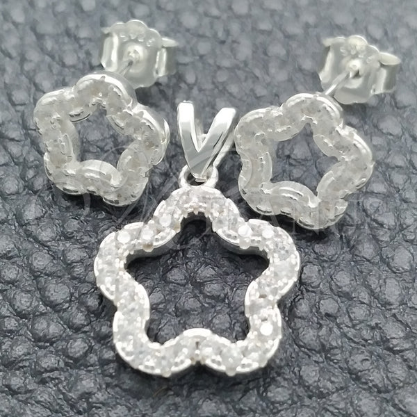 Juego de Arete y Dije de Adulto 10.398.0015 Plata Rodinada, Diseño de Flor, Pulido, Tono Plateado