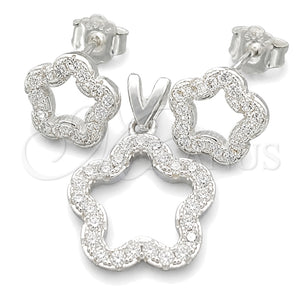 Juego de Arete y Dije de Adulto 10.398.0015 Plata Rodinada, Diseño de Flor, Pulido, Tono Plateado