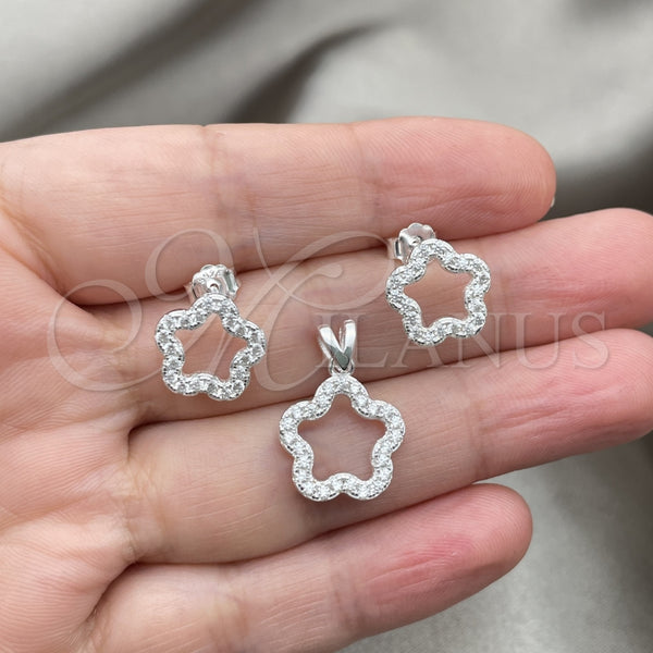 Juego de Arete y Dije de Adulto 10.398.0016 Plata Rodinada, Diseño de Flor, Pulido, Tono Plateado