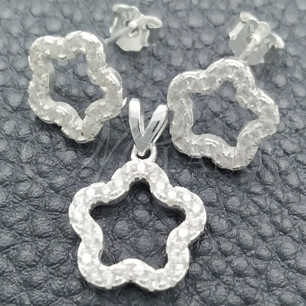 Juego de Arete y Dije de Adulto 10.398.0016 Plata Rodinada, Diseño de Flor, Pulido, Tono Plateado