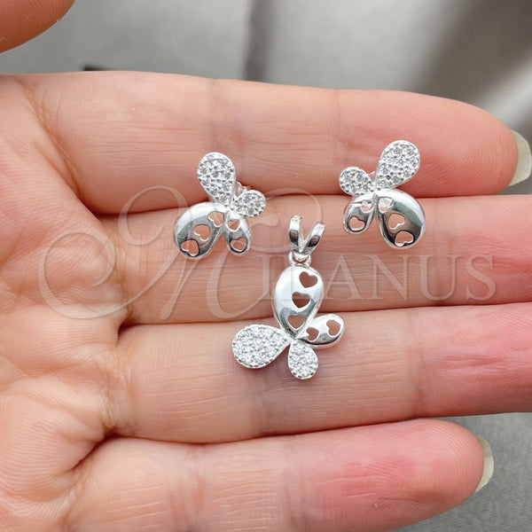 Juego de Arete y Dije de Adulto 10.398.0019 Plata Rodinada, Diseño de Mariposa, Pulido, Tono Plateado