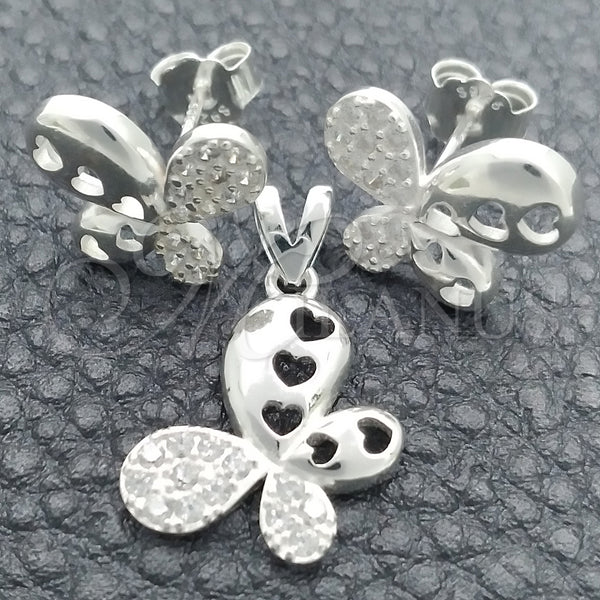 Juego de Arete y Dije de Adulto 10.398.0019 Plata Rodinada, Diseño de Mariposa, Pulido, Tono Plateado