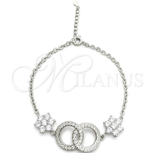 Pulsera Elegante 03.398.0007.07 Plata Rodinada, Diseño de Bola y Flor, con Zirconia Cubica Blanca, Pulido, Tono Plateado (Grosor 02 MM, 7 Pulgadas de Largo)