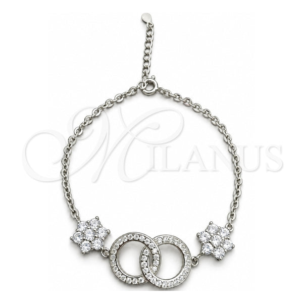 Pulsera Elegante 03.398.0007.07 Plata Rodinada, Diseño de Bola y Flor, con Zirconia Cubica Blanca, Pulido, Tono Plateado (Grosor 02 MM, 7 Pulgadas de Largo)