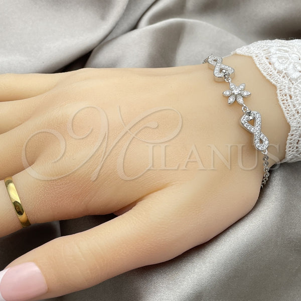 Pulsera Elegante 03.398.0008.07 Plata Rodinada, Diseño de Flor, con Zirconia Cubica Blanca, Pulido, Tono Plateado (Grosor 02 MM, 7 Pulgadas de Largo)