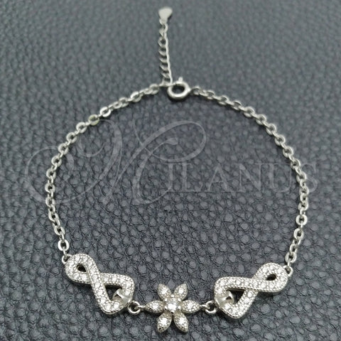 Pulsera Elegante 03.398.0008.07 Plata Rodinada, Diseño de Flor, con Zirconia Cubica Blanca, Pulido, Tono Plateado (Grosor 02 MM, 7 Pulgadas de Largo)