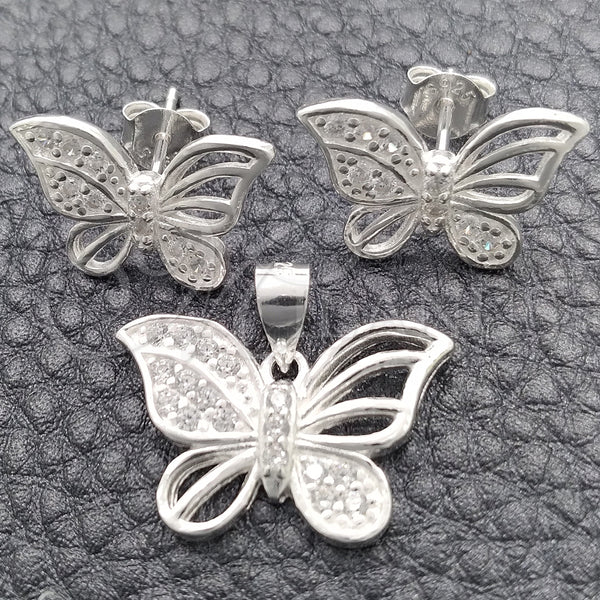 Juego de Arete y Dije de Adulto 10.398.0022 Plata Rodinada, Diseño de Mariposa, Pulido, Tono Plateado