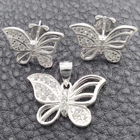 Juego de Arete y Dije de Adulto 10.398.0022 Plata Rodinada, Diseño de Mariposa, Pulido, Tono Plateado
