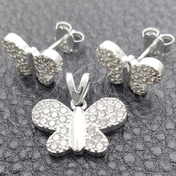 Juego de Arete y Dije de Adulto 10.398.0023 Plata Rodinada, Diseño de Mariposa, Pulido, Tono Plateado