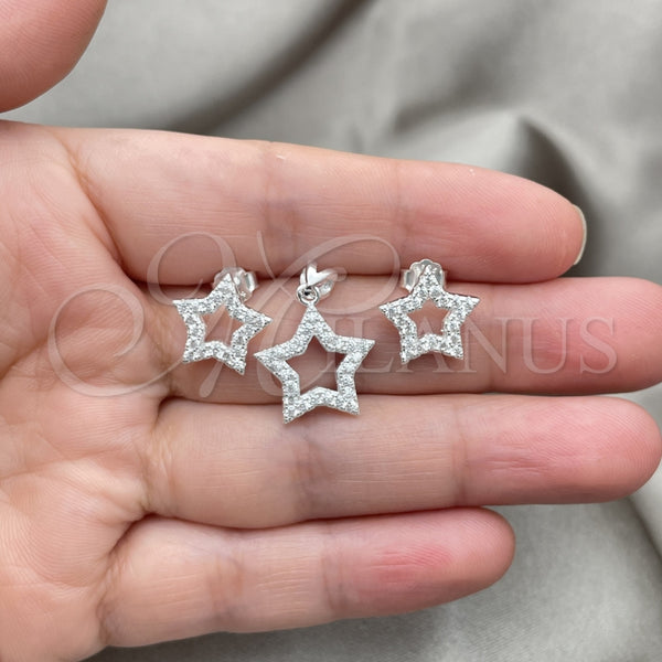 Juego de Arete y Dije de Adulto 10.398.0028 Plata Rodinada, Diseño de Estrella, con Zirconia Cubica Blanca, Pulido, Tono Plateado