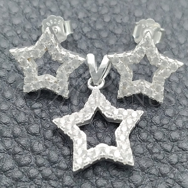 Juego de Arete y Dije de Adulto 10.398.0028 Plata Rodinada, Diseño de Estrella, con Zirconia Cubica Blanca, Pulido, Tono Plateado