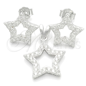 Juego de Arete y Dije de Adulto 10.398.0028 Plata Rodinada, Diseño de Estrella, con Zirconia Cubica Blanca, Pulido, Tono Plateado