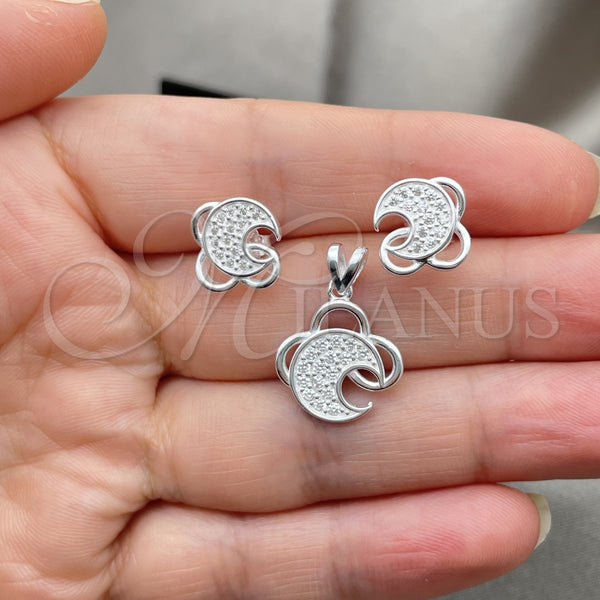 Juego de Arete y Dije de Adulto 10.398.0030 Plata Rodinada, Diseño de Luna, con Zirconia Cubica Blanca, Pulido, Tono Plateado