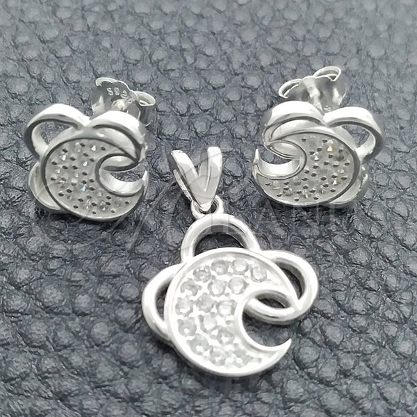 Juego de Arete y Dije de Adulto 10.398.0030 Plata Rodinada, Diseño de Luna, con Zirconia Cubica Blanca, Pulido, Tono Plateado