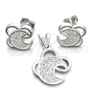 Juego de Arete y Dije de Adulto 10.398.0030 Plata Rodinada, Diseño de Luna, con Zirconia Cubica Blanca, Pulido, Tono Plateado