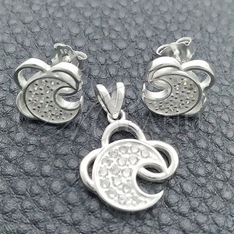Juego de Arete y Dije de Adulto 10.398.0030 Plata Rodinada, Diseño de Luna, con Zirconia Cubica Blanca, Pulido, Tono Plateado