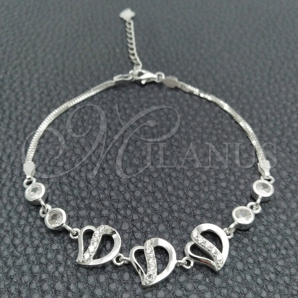 Pulsera Elegante 03.400.0001.07 Plata Rodinada, Diseño de Corazón, con Zirconia Cubica Blanca, Pulido, Tono Plateado (Grosor 02 MM, 7 Pulgadas de Largo)