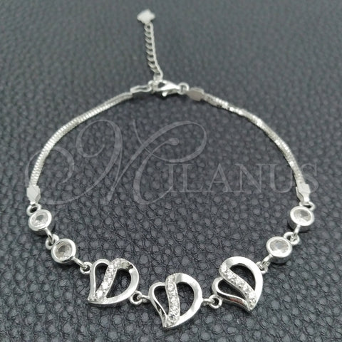 Pulsera Elegante 03.400.0001.07 Plata Rodinada, Diseño de Corazón, con Zirconia Cubica Blanca, Pulido, Tono Plateado (Grosor 02 MM, 7 Pulgadas de Largo)