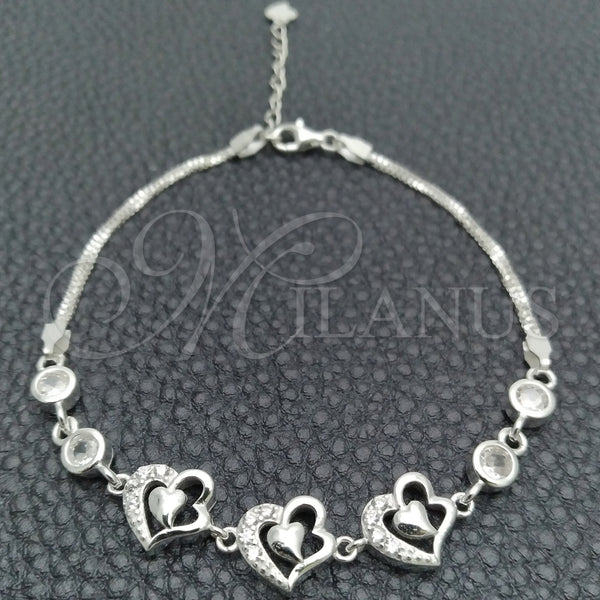 Pulsera Elegante 03.400.0002.07 Plata Rodinada, Diseño de Corazón, con Zirconia Cubica Blanca, Pulido, Tono Plateado (Grosor 02 MM, 7 Pulgadas de Largo)