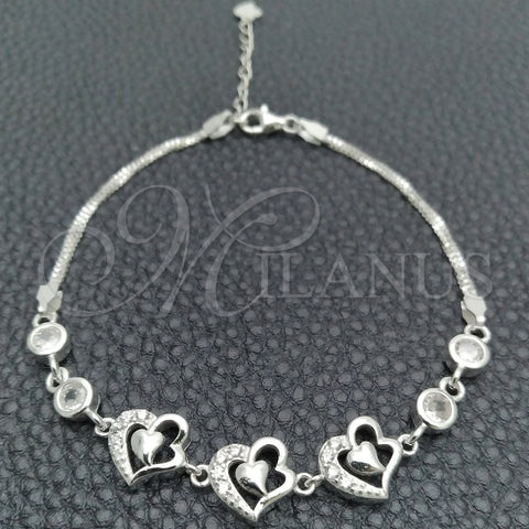 Pulsera Elegante 03.400.0002.07 Plata Rodinada, Diseño de Corazón, con Zirconia Cubica Blanca, Pulido, Tono Plateado (Grosor 02 MM, 7 Pulgadas de Largo)