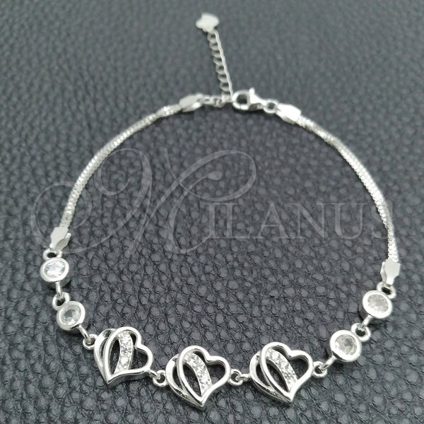 Pulsera Elegante 03.400.0004.07 Plata Rodinada, Diseño de Corazón, con Zirconia Cubica Blanca, Pulido, Tono Plateado (Grosor 02 MM, 7 Pulgadas de Largo)