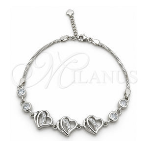 Pulsera Elegante 03.400.0004.07 Plata Rodinada, Diseño de Corazón, con Zirconia Cubica Blanca, Pulido, Tono Plateado (Grosor 02 MM, 7 Pulgadas de Largo)