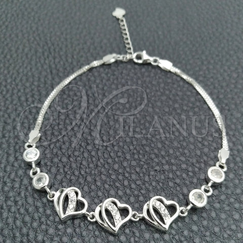 Pulsera Elegante 03.400.0004.07 Plata Rodinada, Diseño de Corazón, con Zirconia Cubica Blanca, Pulido, Tono Plateado (Grosor 02 MM, 7 Pulgadas de Largo)