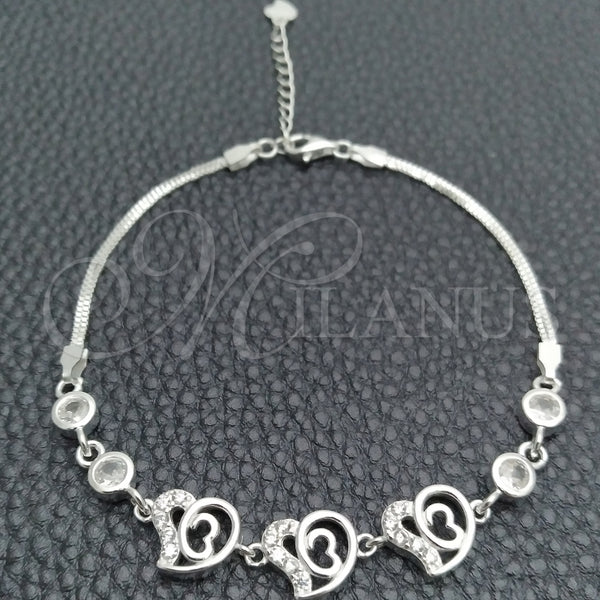 Pulsera Elegante 03.400.0006.07 Plata Rodinada, Diseño de Corazón, con Zirconia Cubica Blanca, Pulido, Tono Plateado (Grosor 02 MM, 7 Pulgadas de Largo)