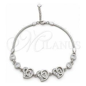 Pulsera Elegante 03.400.0006.07 Plata Rodinada, Diseño de Corazón, con Zirconia Cubica Blanca, Pulido, Tono Plateado (Grosor 02 MM, 7 Pulgadas de Largo)