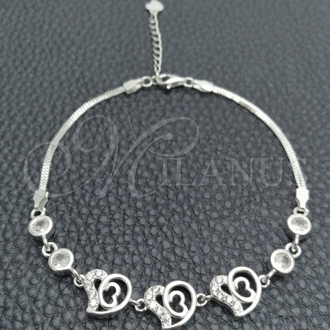 Pulsera Elegante 03.400.0006.07 Plata Rodinada, Diseño de Corazón, con Zirconia Cubica Blanca, Pulido, Tono Plateado (Grosor 02 MM, 7 Pulgadas de Largo)
