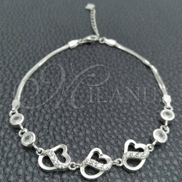 Pulsera Elegante 03.400.0009.07 Plata Rodinada, Diseño de Corazón, con Zirconia Cubica Blanca, Pulido, Tono Plateado (Grosor 02 MM, 7 Pulgadas de Largo)