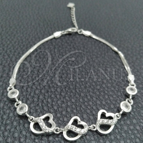 Pulsera Elegante 03.400.0009.07 Plata Rodinada, Diseño de Corazón, con Zirconia Cubica Blanca, Pulido, Tono Plateado (Grosor 02 MM, 7 Pulgadas de Largo)