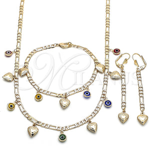 Collar, Pulsera y Dije 06.213.0011 Oro Laminado, Diseño de Corazón y Ojo Griego, Resinado Multicolor, Tono Dorado