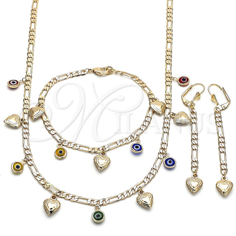 Collar, Pulsera y Dije 06.213.0011 Oro Laminado, Diseño de Corazón y Ojo Griego, Resinado Multicolor, Tono Dorado
