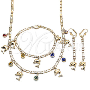 Collar, Pulsera y Dije 06.213.0012 Oro Laminado, Diseño de Delfín y Ojo Griego, Resinado Multicolor, Tono Dorado