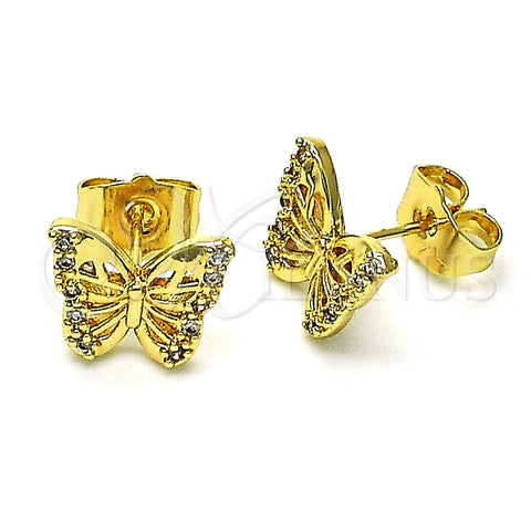 Arete Dormilona 02.210.0666 Oro Laminado, Diseño de Mariposa, con Blanca Micro Pave, Pulido, Tono Dorado