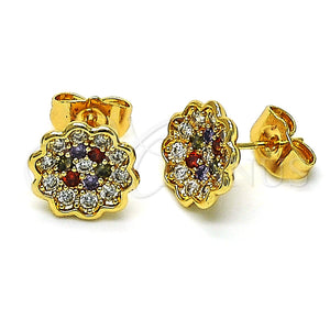 Arete Dormilona 02.210.0668.1 Oro Laminado, Diseño de Flor, con Multicolor Micro Pave, Pulido, Tono Dorado