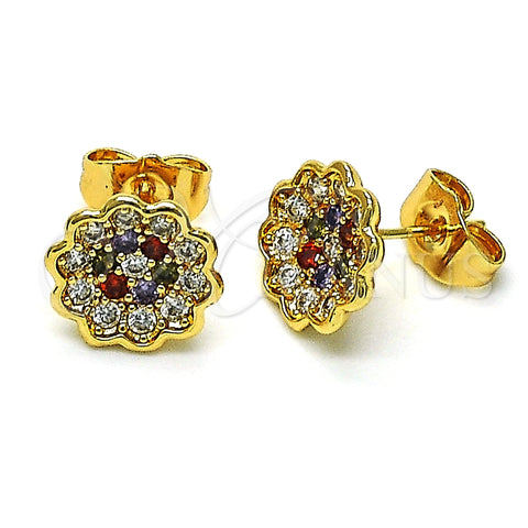 Arete Dormilona 02.210.0668.1 Oro Laminado, Diseño de Flor, con Multicolor Micro Pave, Pulido, Tono Dorado