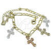 Pulsera de Dije 03.351.0150.07 Oro Laminado, Diseño de Crucifijo, Pulido, Tres Tonos (05 MM Thickness, 7 Inches Length)