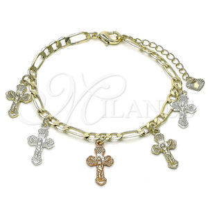 Pulsera de Dije 03.351.0150.07 Oro Laminado, Diseño de Crucifijo, Pulido, Tres Tonos (05 MM Thickness, 7 Inches Length)