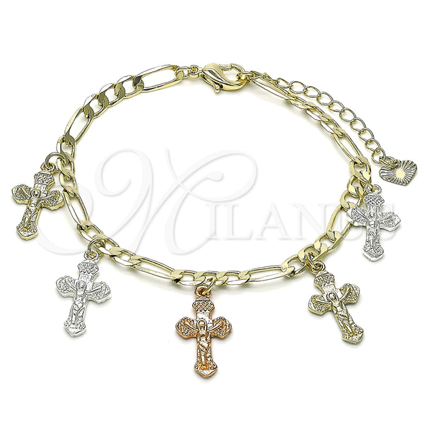 Pulsera de Dije 03.351.0150.07 Oro Laminado, Diseño de Crucifijo, Pulido, Tres Tonos (05 MM Thickness, 7 Inches Length)