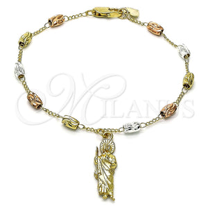 Pulsera de Dije 03.351.0156.08 Oro Laminado, Diseño de San Judas, Diamantado, Tres Tonos (04 MM Thickness, 8 Inches Length)