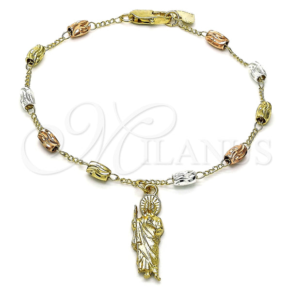 Pulsera de Dije 03.351.0156.08 Oro Laminado, Diseño de San Judas, Diamantado, Tres Tonos (04 MM Thickness, 8 Inches Length)