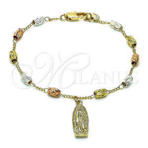 Pulsera de Dije 03.351.0157.08 Oro Laminado, Diseño de Guadalupe, Diamantado, Tres Tonos (04 MM Thickness, 8 Inches Length)